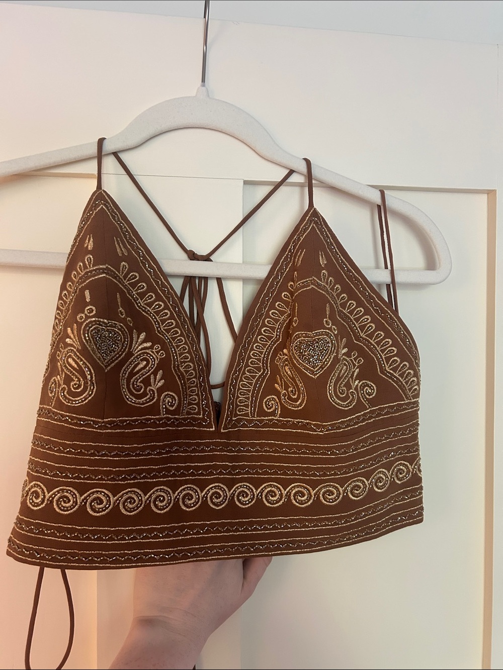 Alice + Olivia Brown Embroidered Crop Top with Cream Stitching